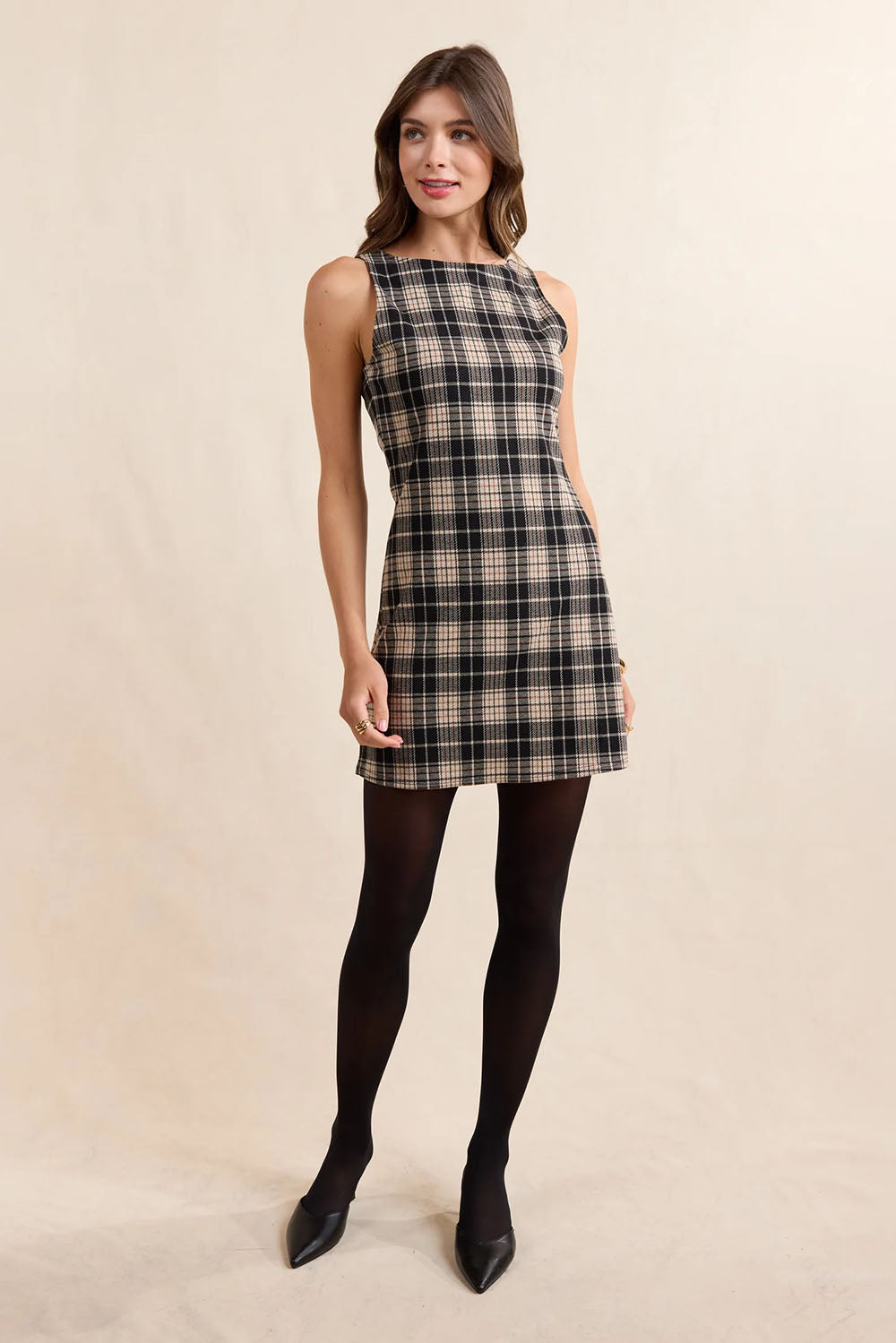Sadie & Sage Served Up Plaid Mini Dress in Black Multi — Full-body view