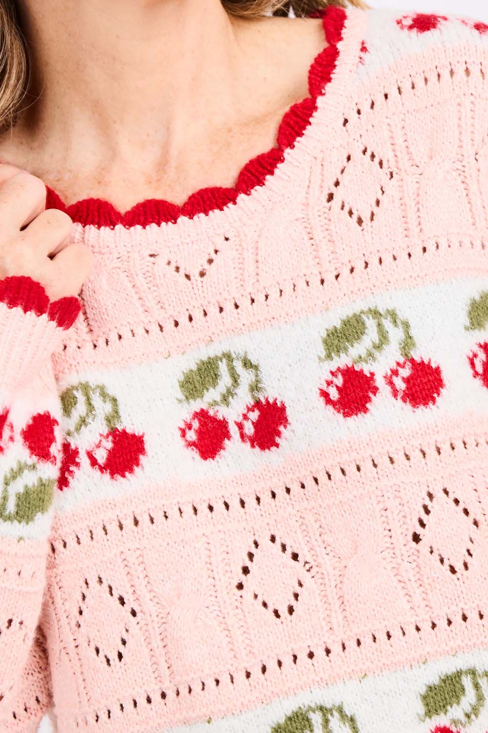 sadie and sage cherry on top sweater pink multi detail