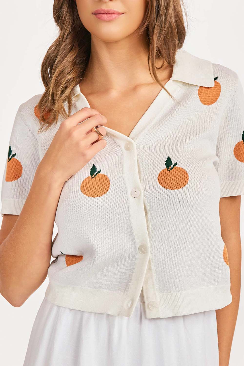 sadie and sage citron embroidered knit shirt ivory orange detail