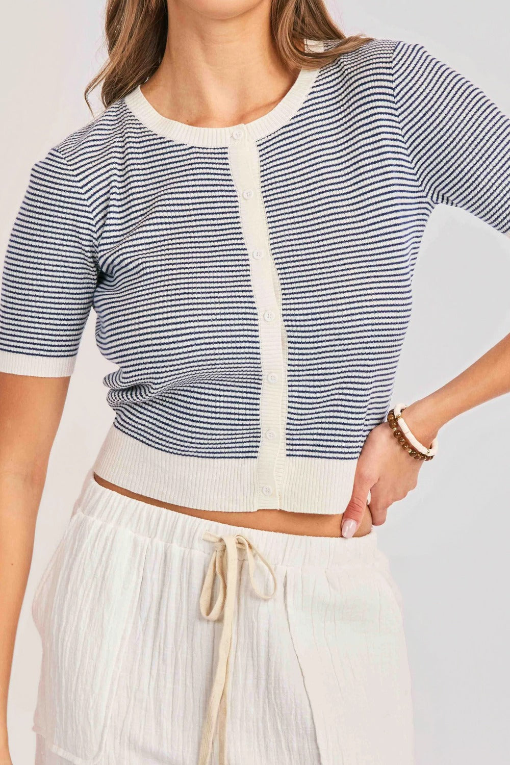 sadie and sage mavi stripe cardigan ivory navy detail