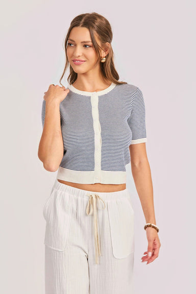 sadie and sage mavi stripe cardigan ivory navy front