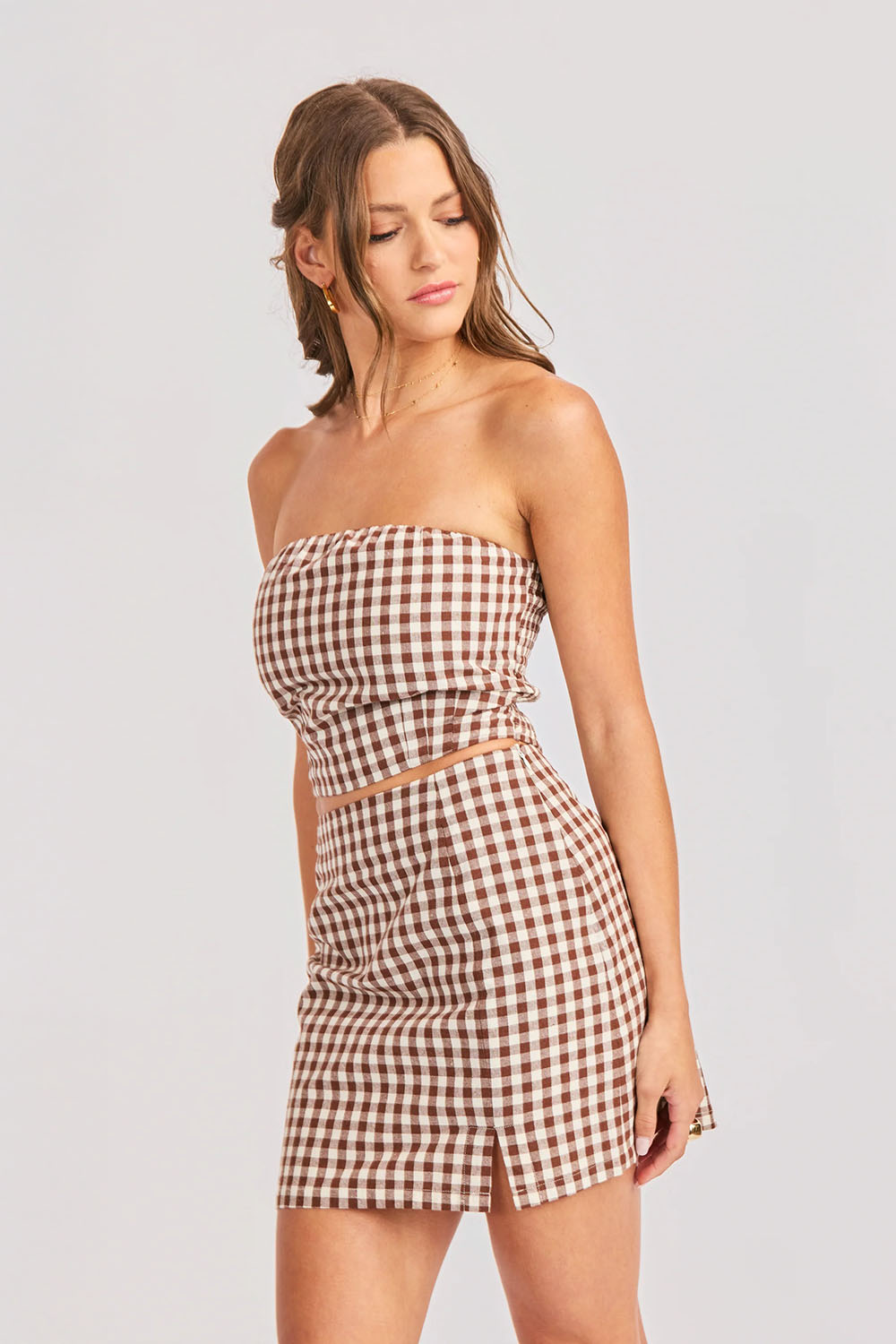 sadie and sage mustang gingham mini skirt brown profile