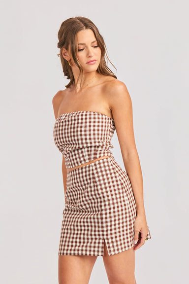 sadie and sage mustang gingham mini skirt brown profile