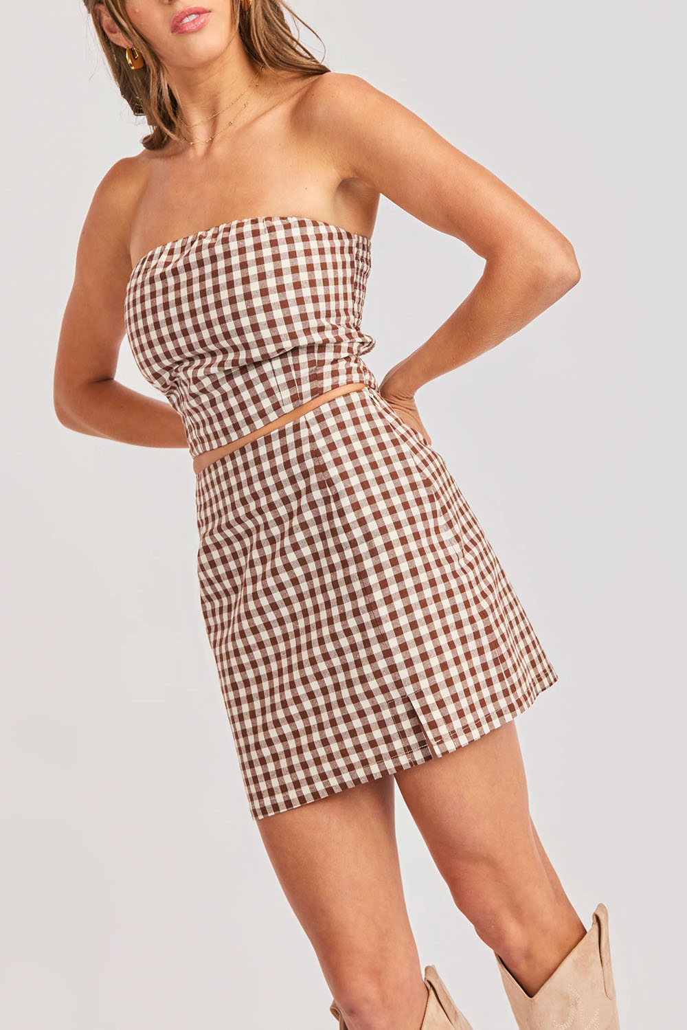 sadie and sage mustang gingham mini skirt brown side