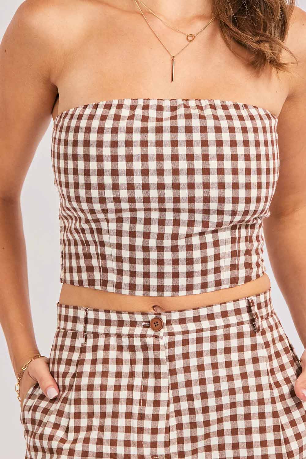 sadie and sage mustang gingham tube top brown detail