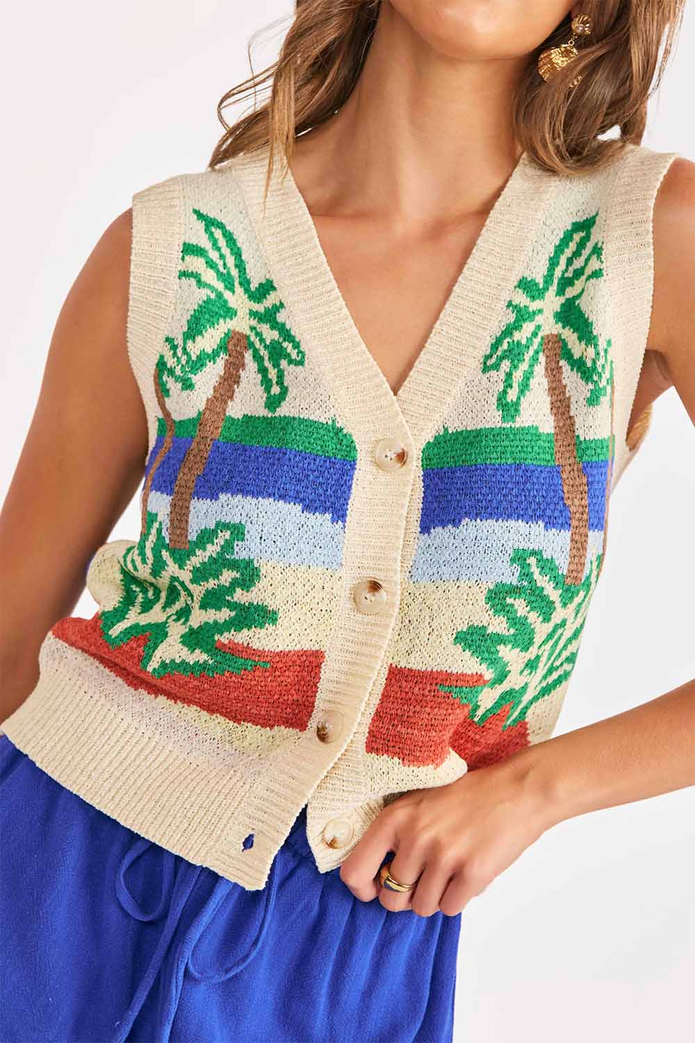 sadie and sage palms sweater vest multi detail
