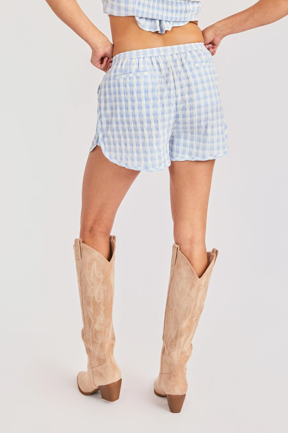sadie and sage starlet gingham shorts sky blue back