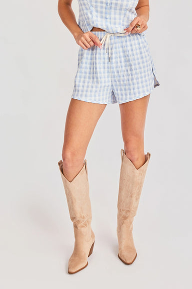 sadie and sage starlet gingham shorts sky blue front