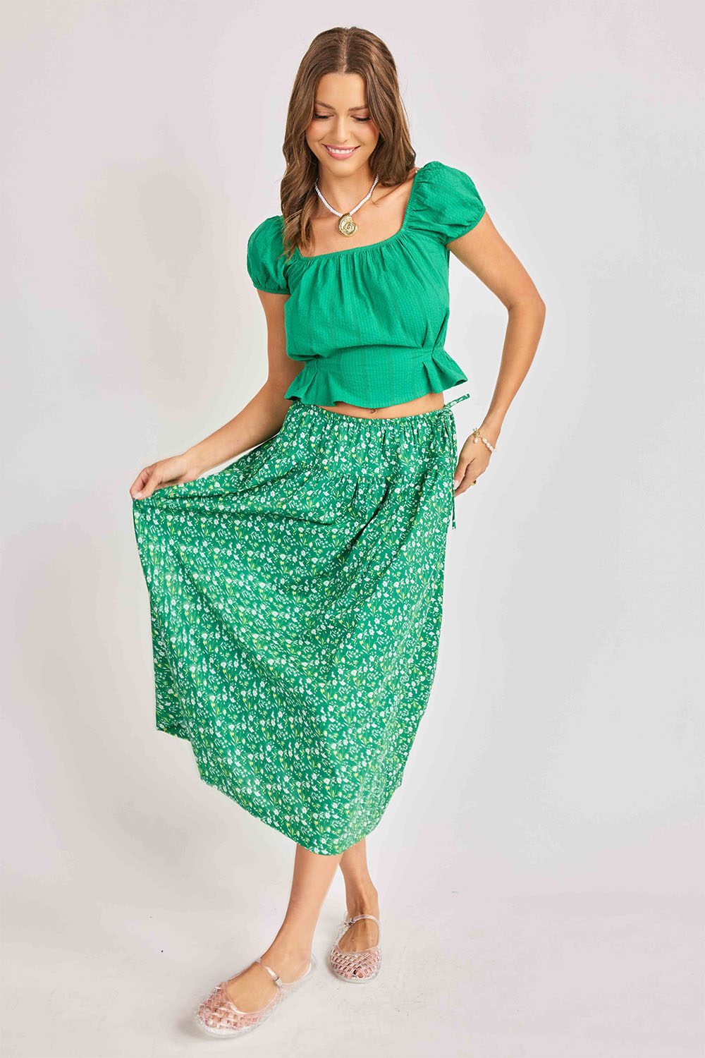 sadie and sage sun escape midi skirt kelly green multi