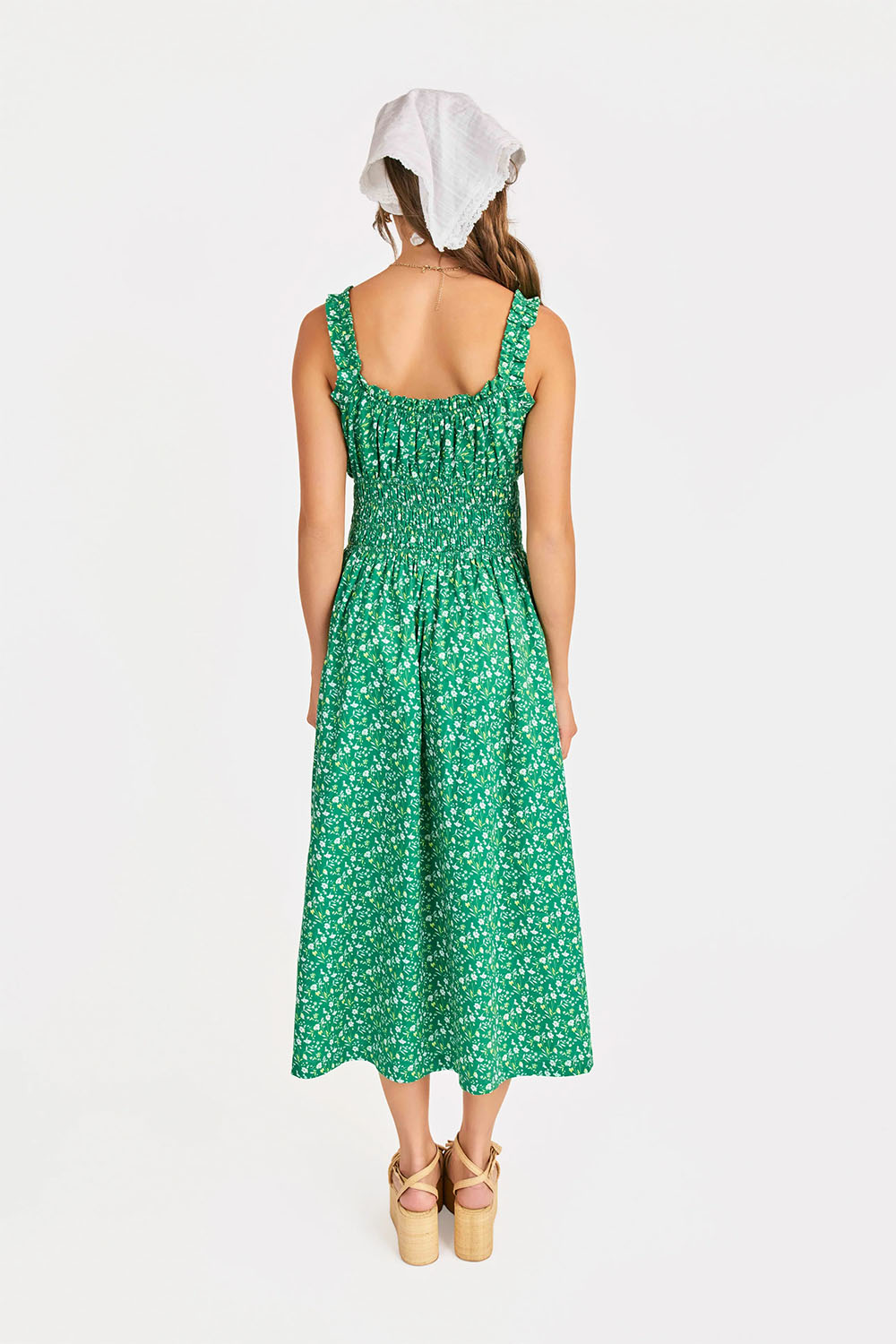 sadie and sage sun escape shirred midi kelly green multi back