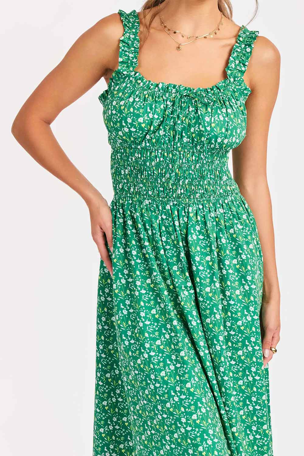 sadie and sage sun escape shirred midi kelly green multi detail