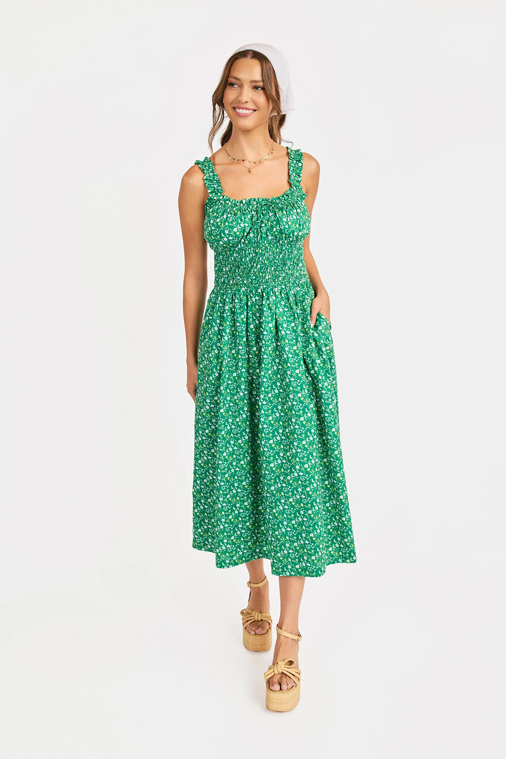 sadie and sage sun escape shirred midi kelly green multi front