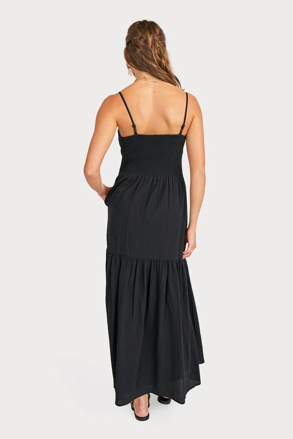 sadie and sage terra ruched maxi dress black back