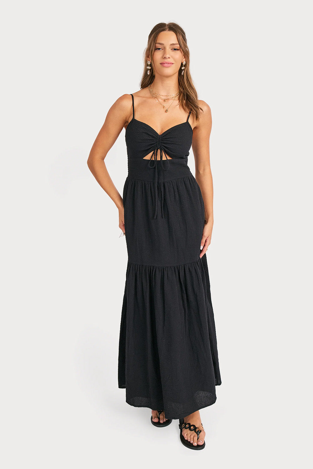 sadie and sage terra ruched maxi dress black front
