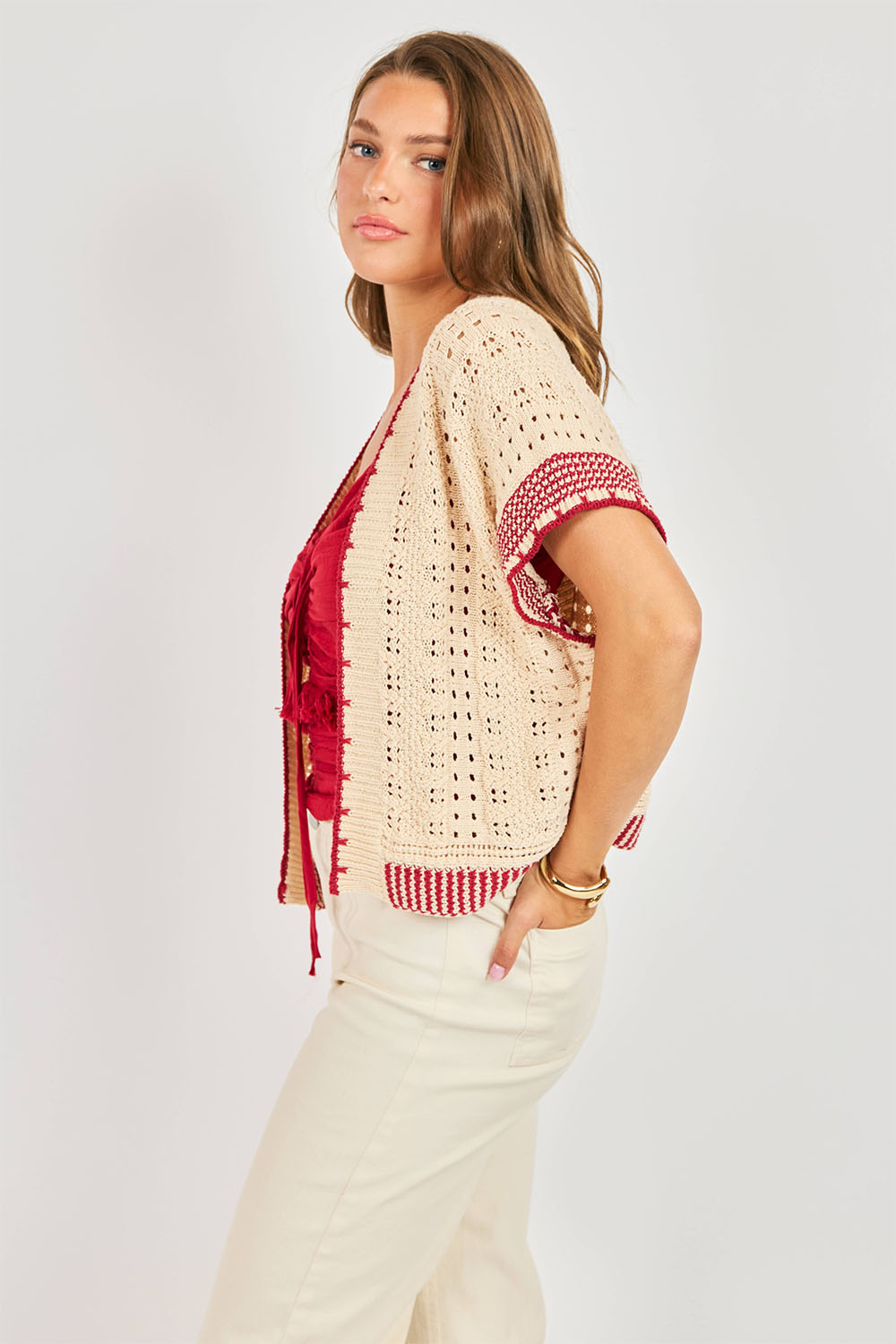 sadie and sage tricia sweater cardi natural red side