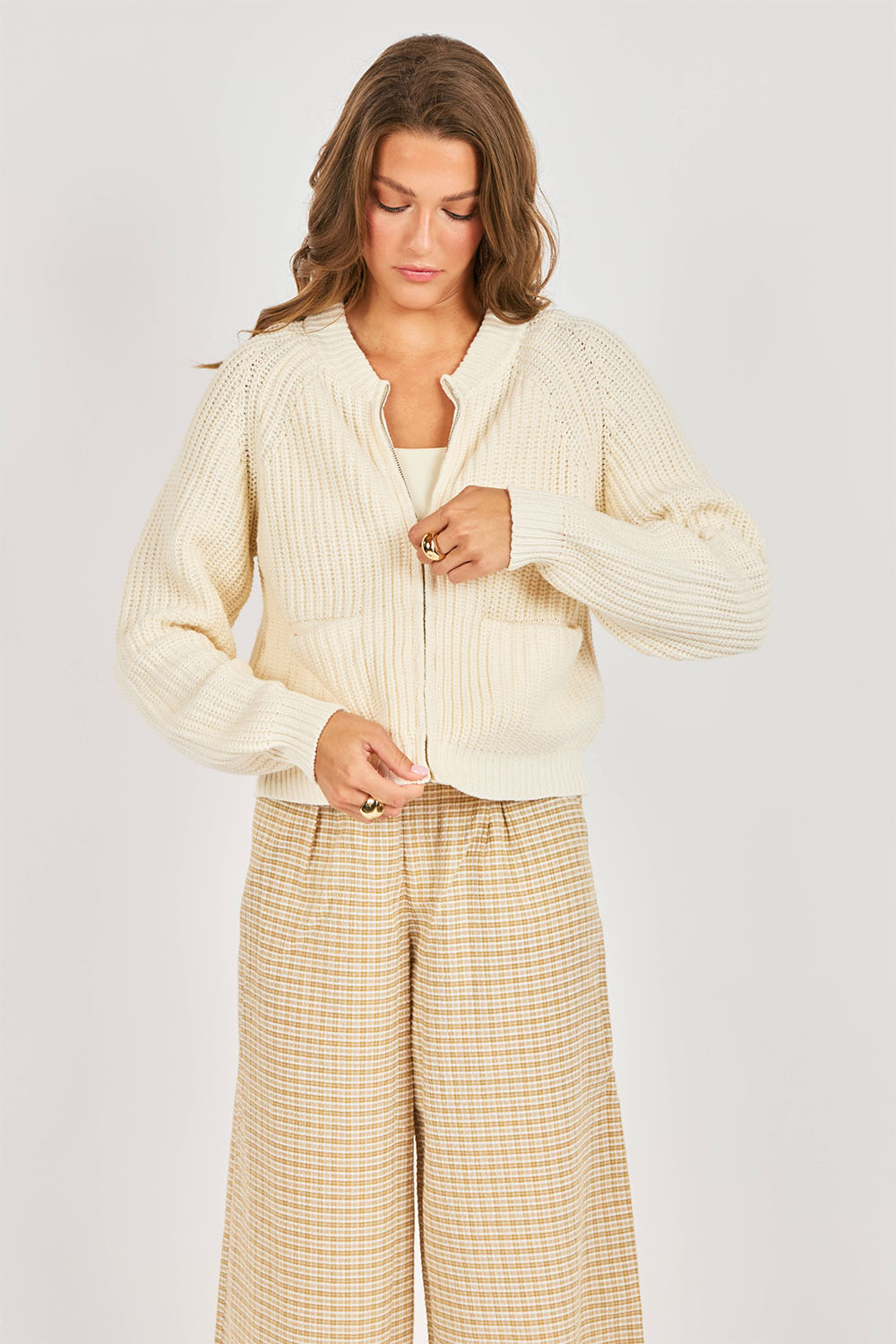 sadie and sage weston zip up sweater cream front