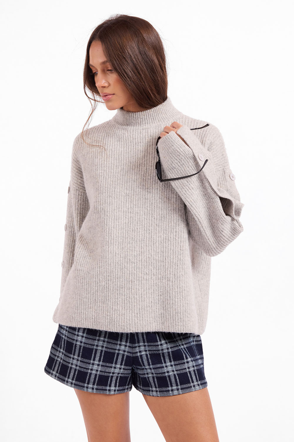 Sage the Label Athena Sweater in Fog — Front view, hand at shoulder