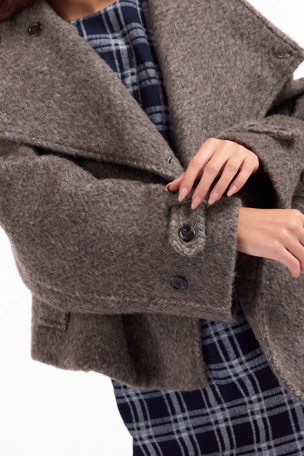 Sage the Label Boston Oversized Collar Jacket in Charcoal — Cuff detail view