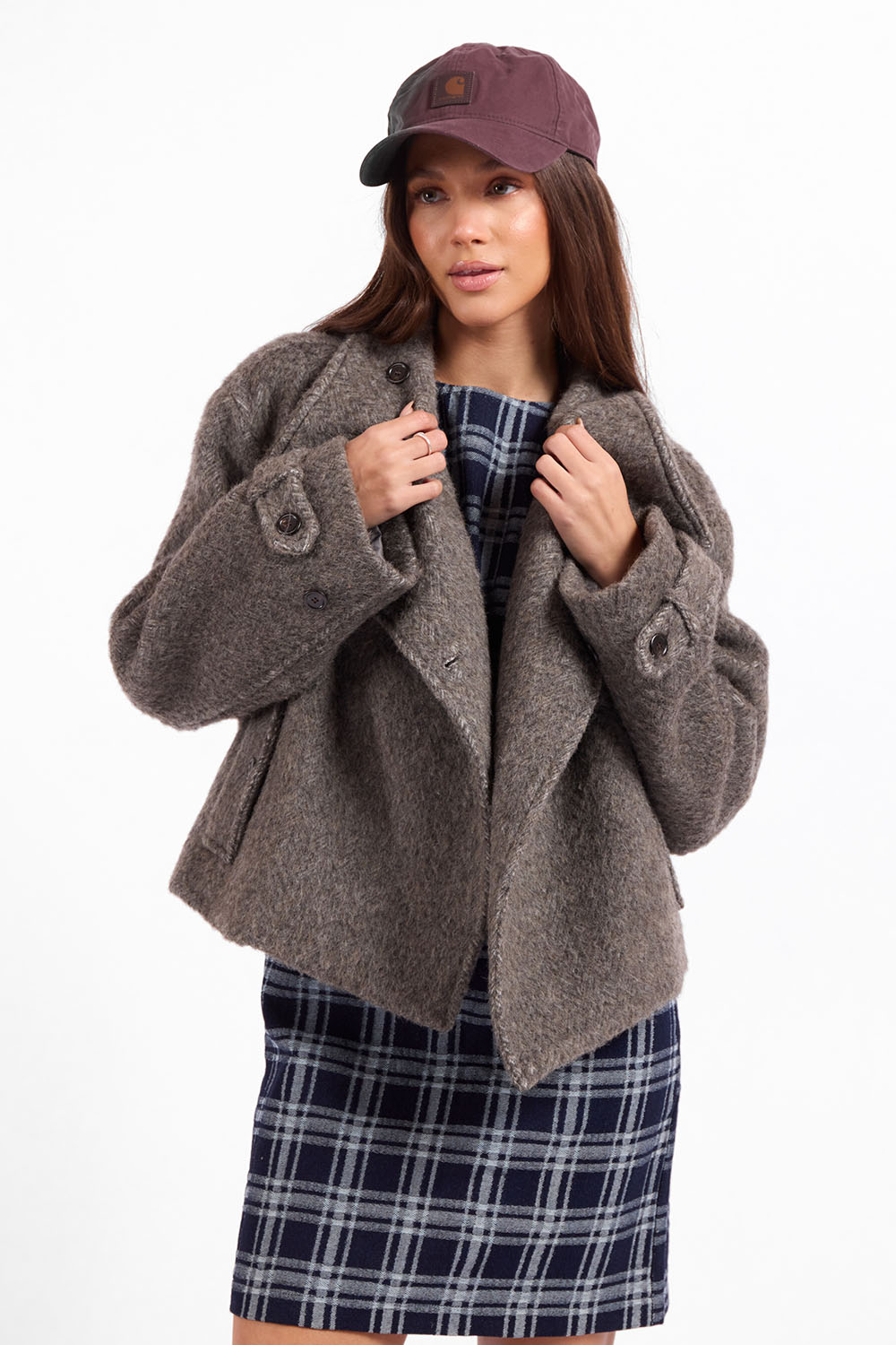 Sage the Label Boston Oversized Collar Jacket in Charcoal — Front view, hands on lapels