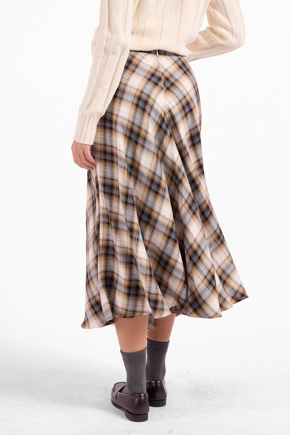 Sage the Label Cambridge Midi Skirt in Navy Camel Multi — Back view