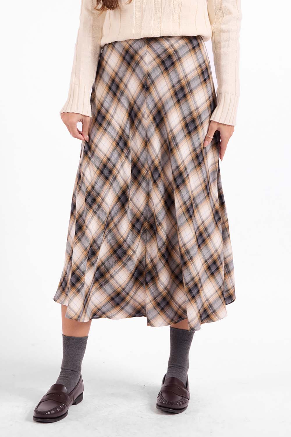 Sage the Label Cambridge Midi Skirt in Navy Camel Multi — Waistband detail view