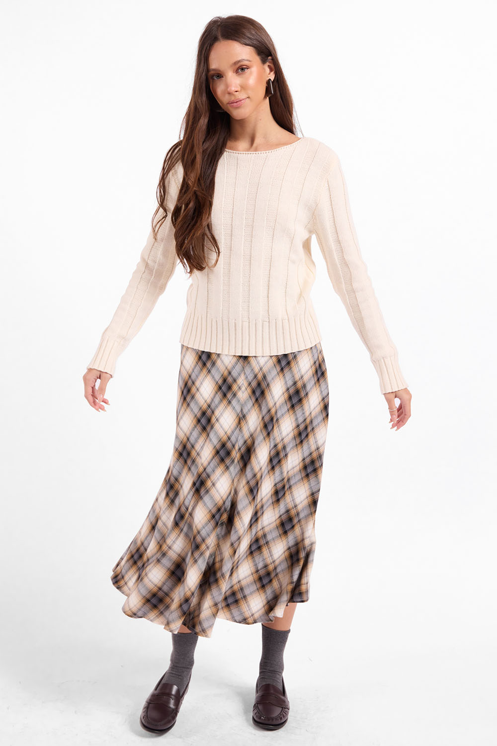 Sage the Label Cambridge Midi Skirt in Navy Camel Multi — Front view