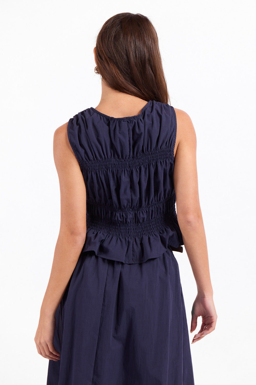 Sage the Label Central Park Ruched Tank in Navy — Back view