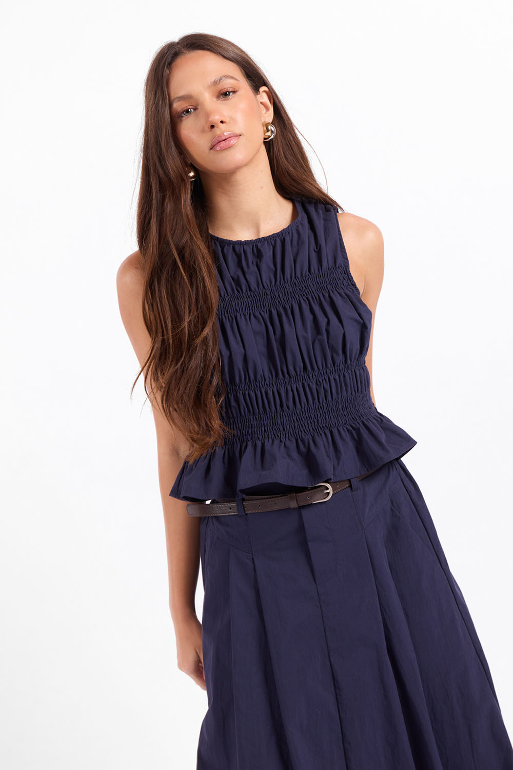 Sage the Label Central Park Ruched Tank in Navy — Front view