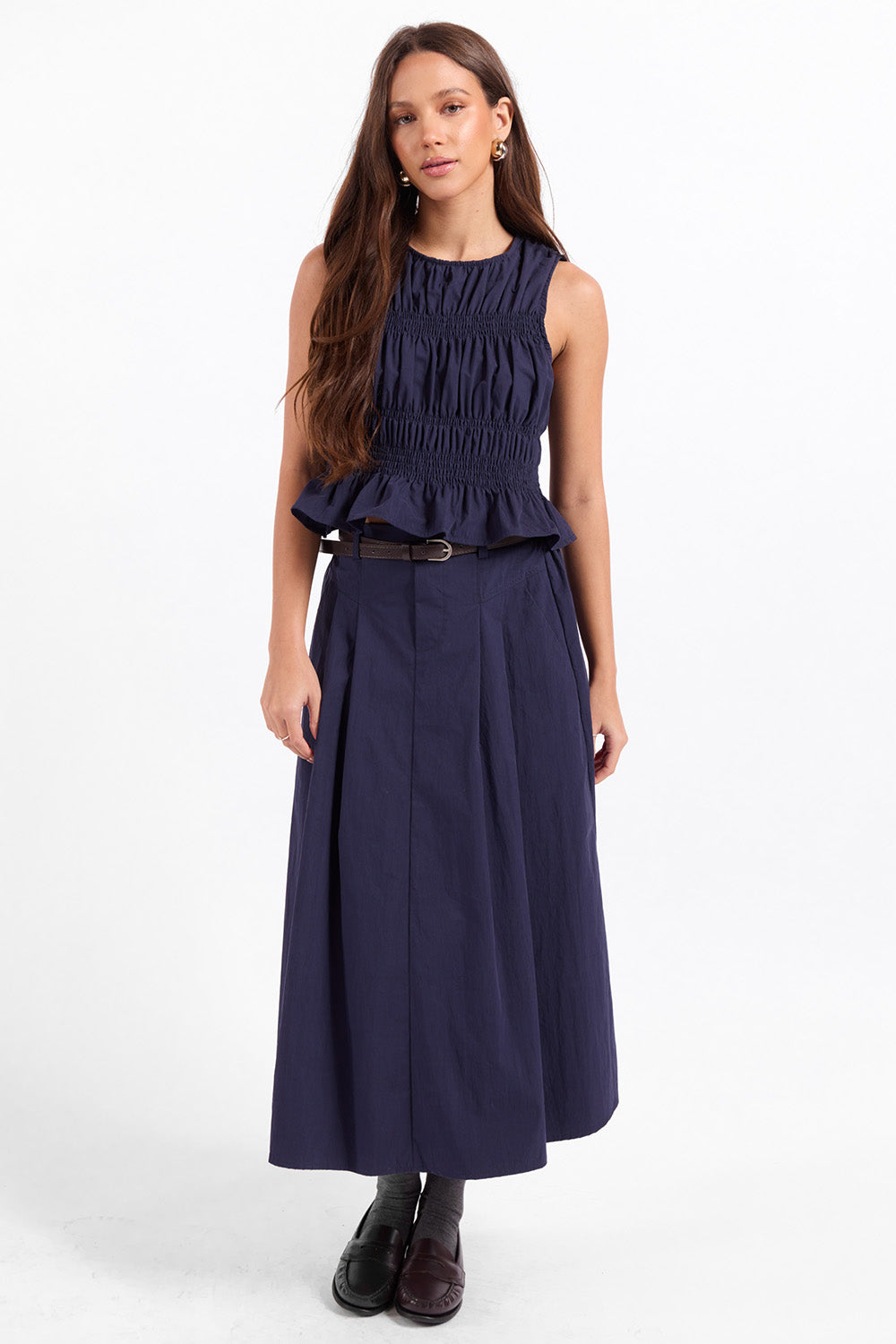 Sage the Label Central Park Ruched Tank in Navy — Full-body view