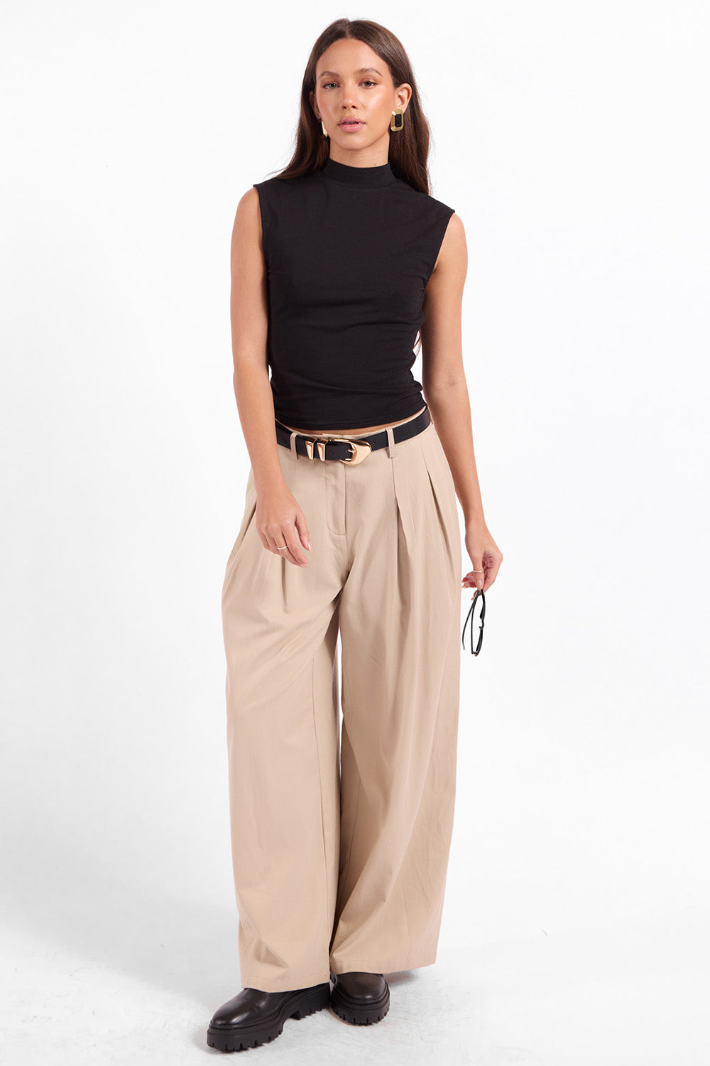 Sage the Label Coralie Mock Neck Top in Black — Full-body view