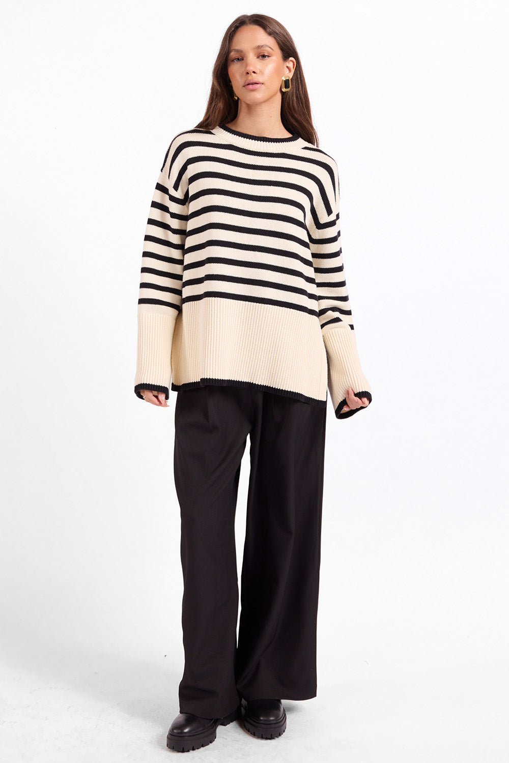 Sage the Label Flynn Crewneck Sweater in Black Cream — Full-body view