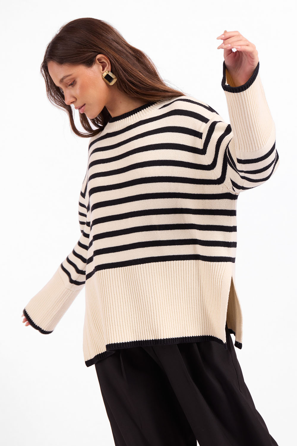 Sage the Label Flynn Crewneck Sweater in Black Cream — Quarter view, looking down
