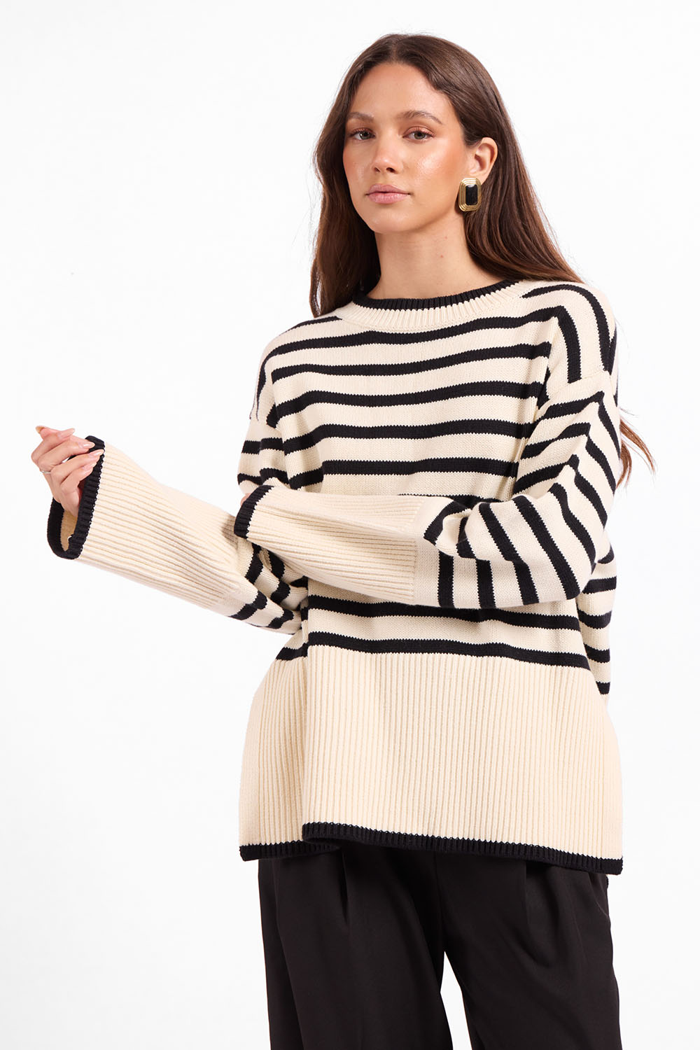 Sage the Label Flynn Crewneck Sweater in Black Cream — Quarter view