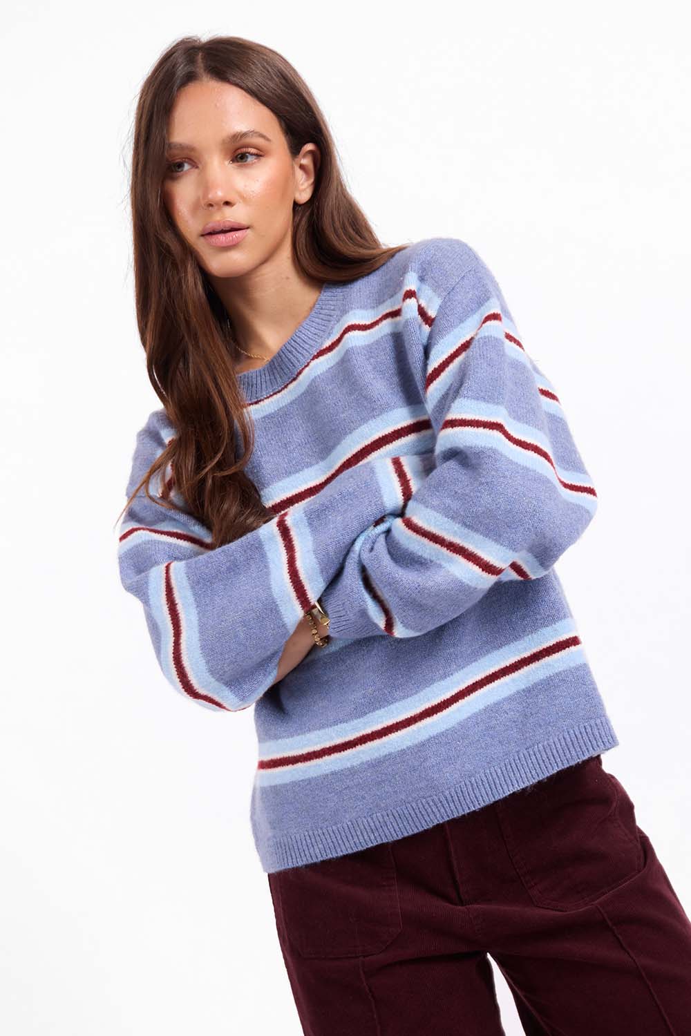 Sage the Label Hudson Stripe Sweater in Blue Multi — Front view, arms crossed