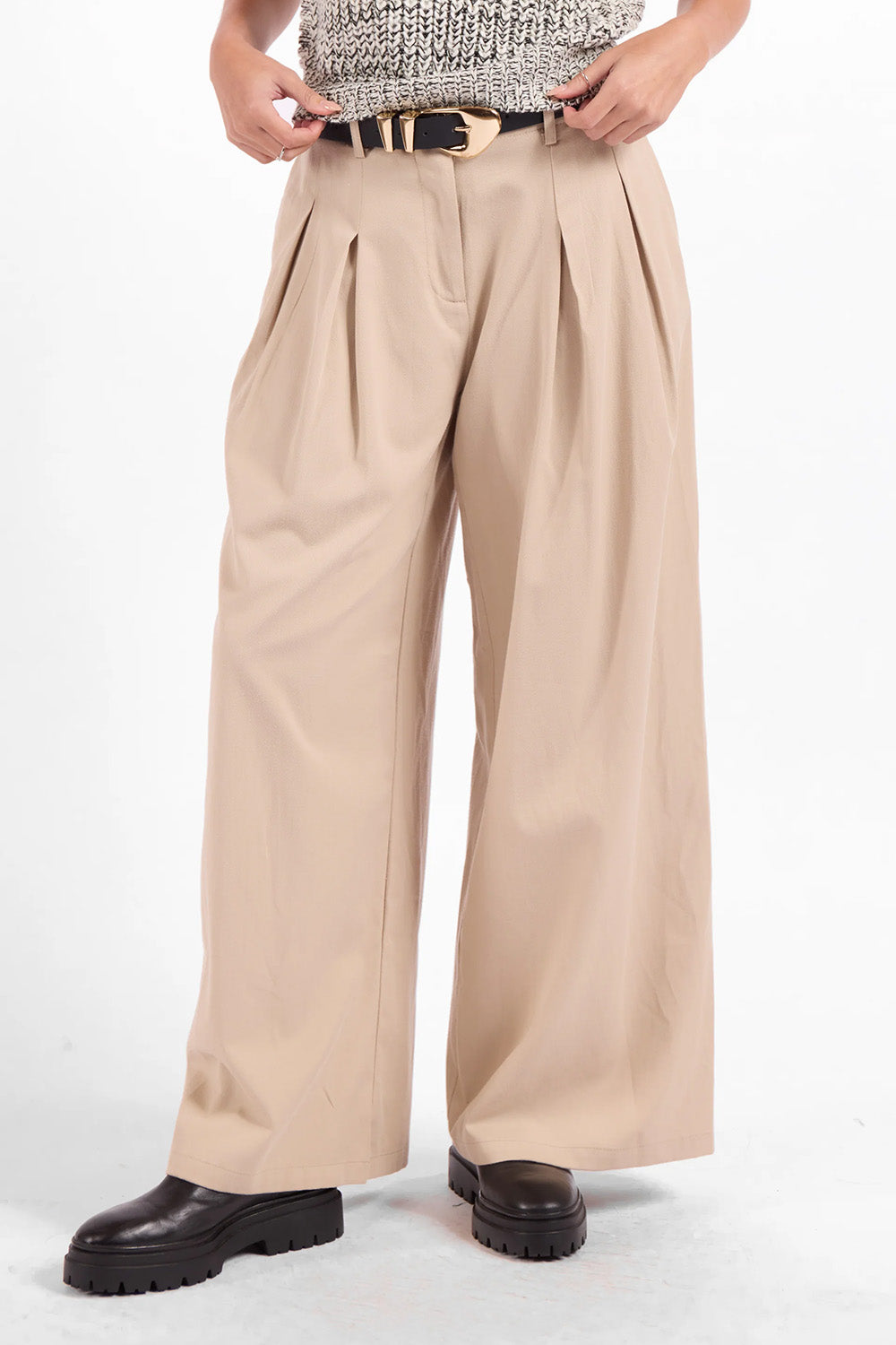 Sage the Label Logic Wide Leg Pant in Beige — Front detail view