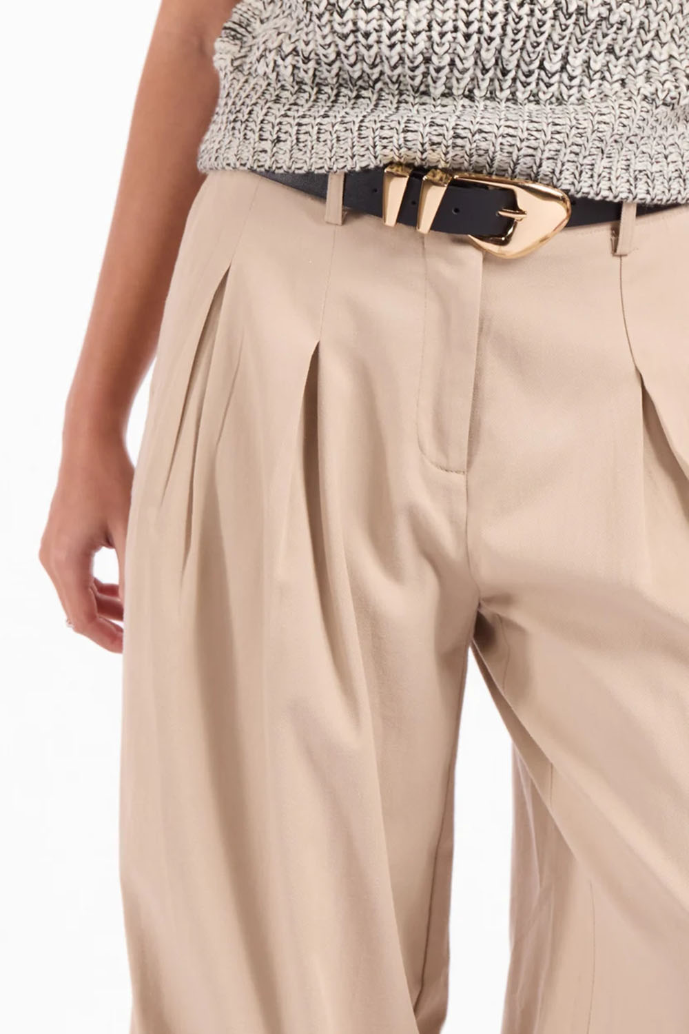 Sage the Label Logic Wide Leg Pant in Beige — Waistband detail view