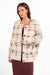 Sage the Label Lola Plaid Sweater Jacket in Cream Brown — Front view, hand at button