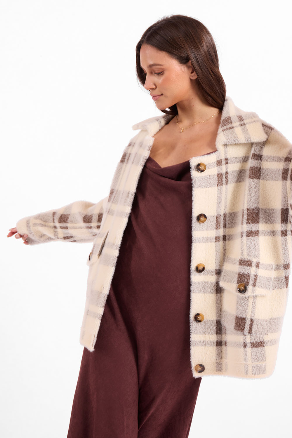Sage the Label Lola Plaid Sweater Jacket in Cream Brown — Quarter view