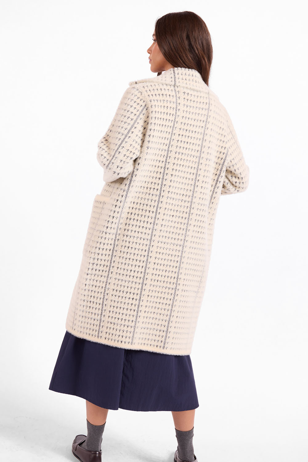 Sage the Label Marceau Houndstooth Coat in Ivory Slate — Back view