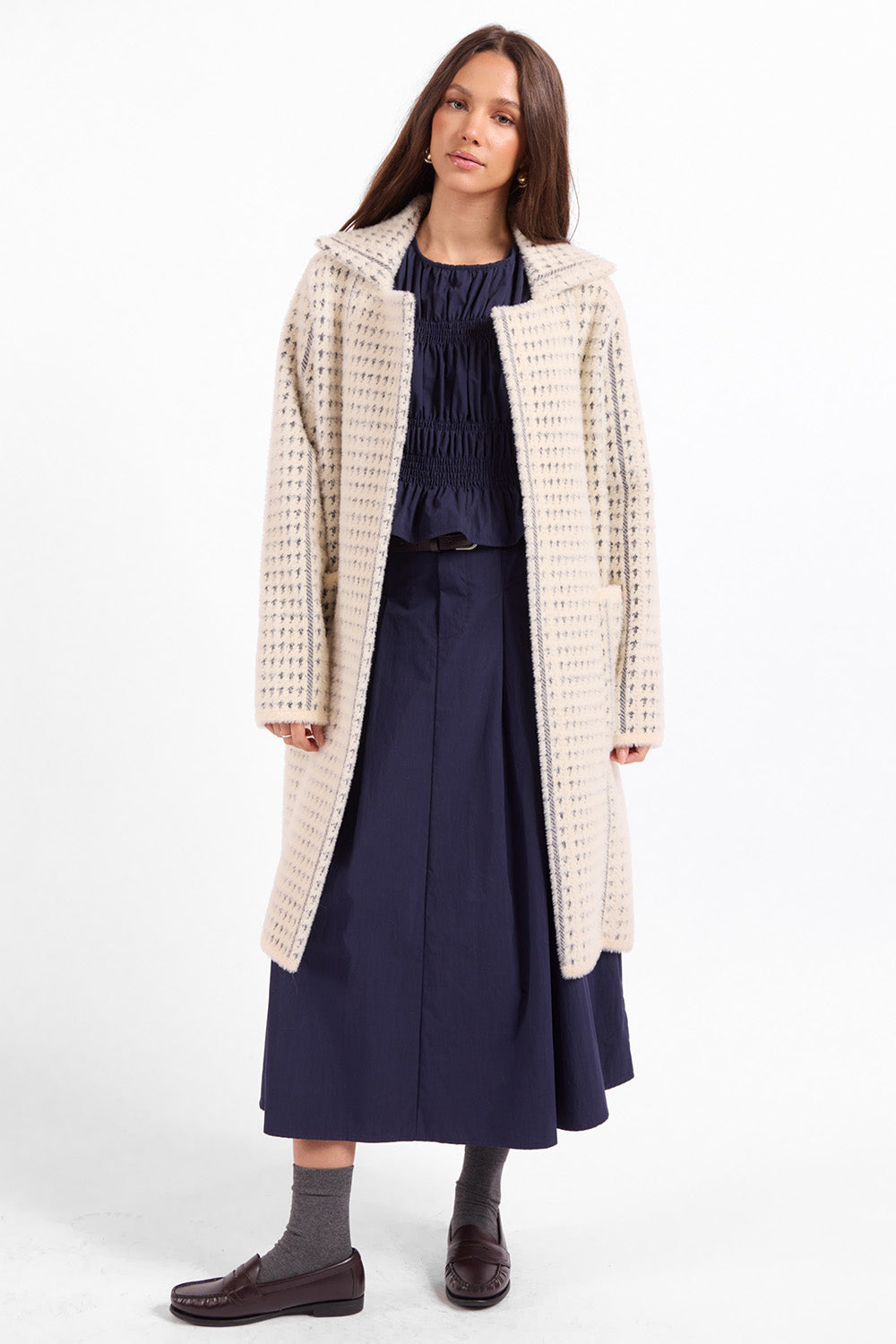 Sage the Label Marceau Houndstooth Coat in Ivory Slate — Full-body view
