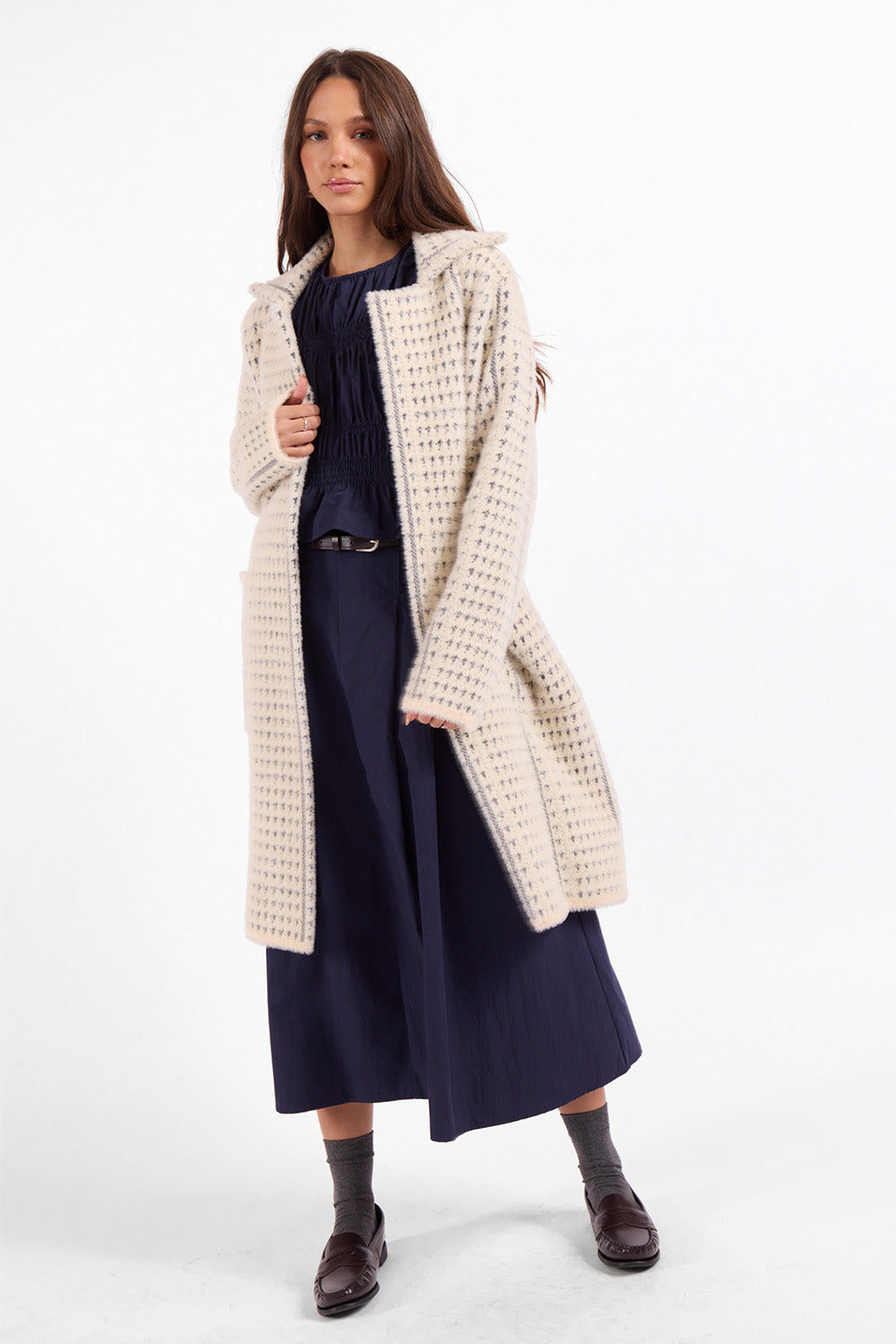 Sage the Label Marceau Houndstooth Coat in Ivory Slate — Quarter view, coat open