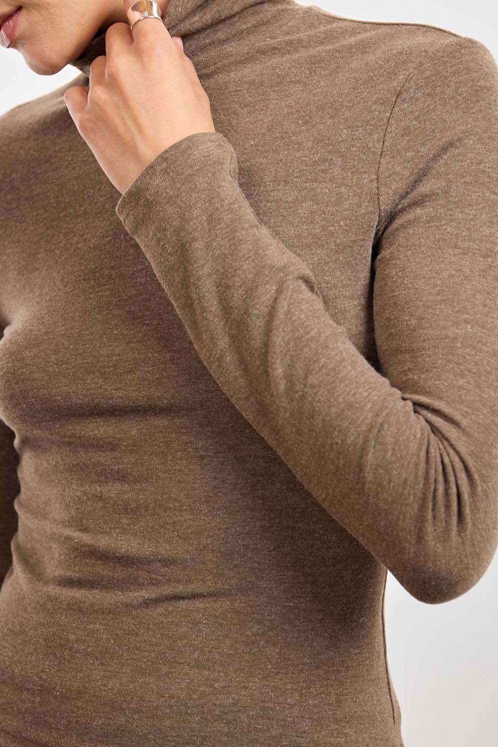 Sage the Label Pennie Turtleneck in Taupe — Fabric detail view