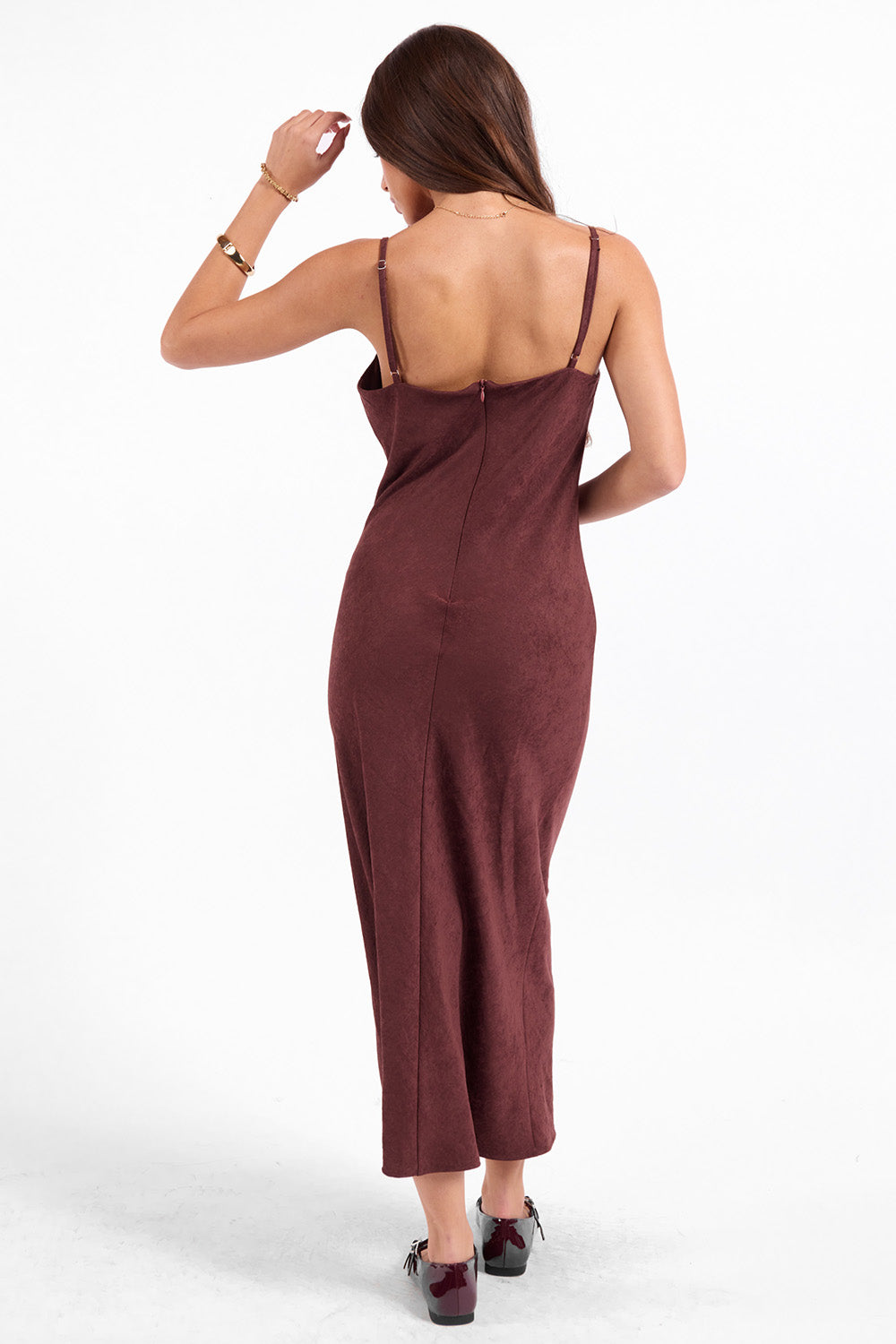 Sage the Label Rhea Slip Dress in Eggplant — Back view