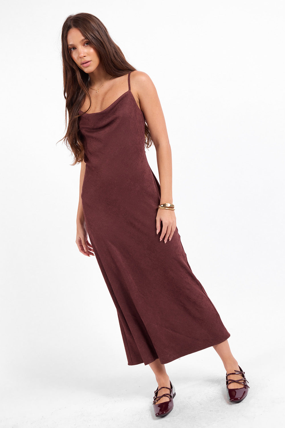 Sage the Label Rhea Slip Dress in Eggplant — Front view, weight shifted with leg crossed