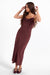 Sage the Label Rhea Slip Dress in Eggplant — Quarter view, hands in hair
