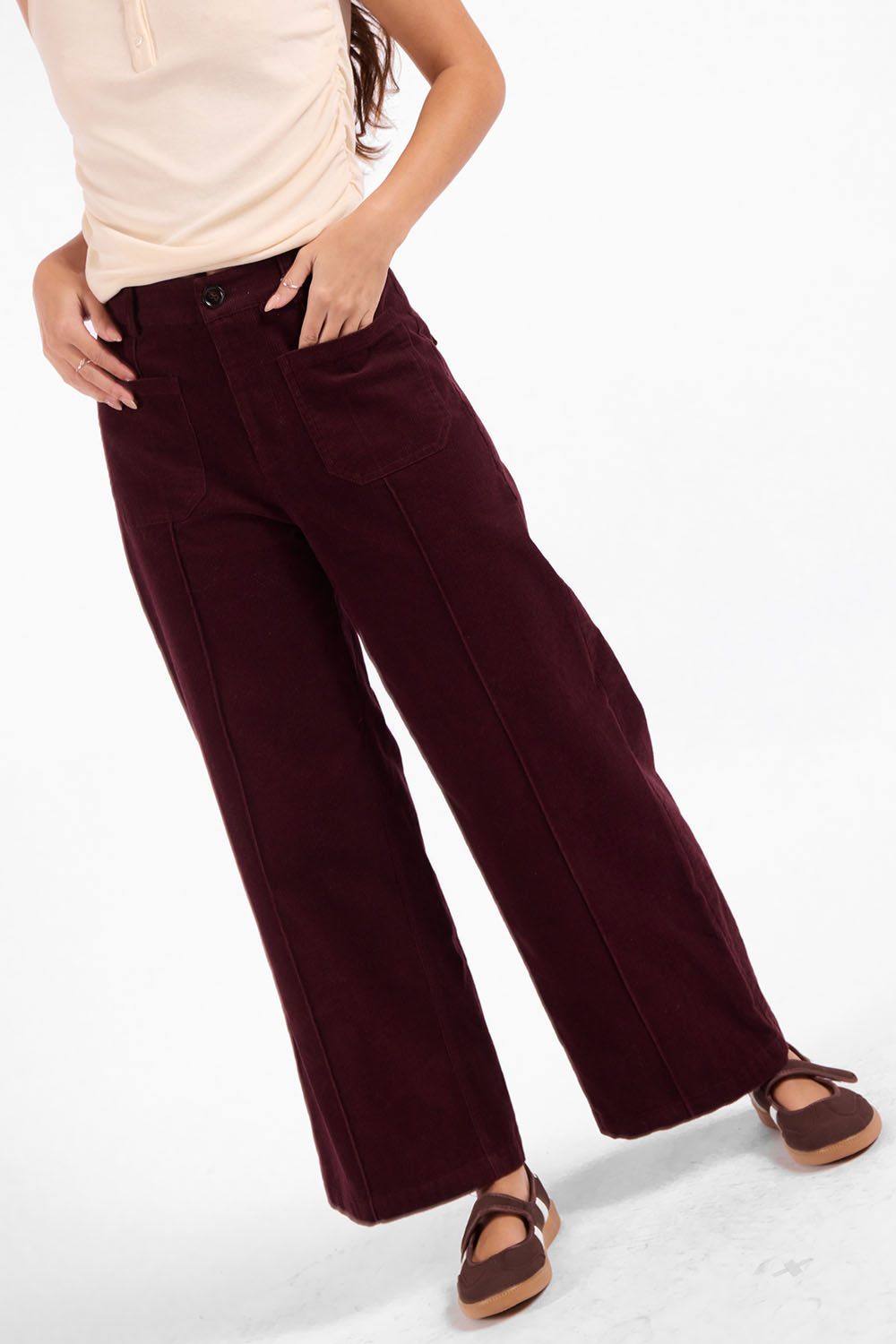 Sage the Label Secret Society Corduroy Pants in Wine — Pocket detail view