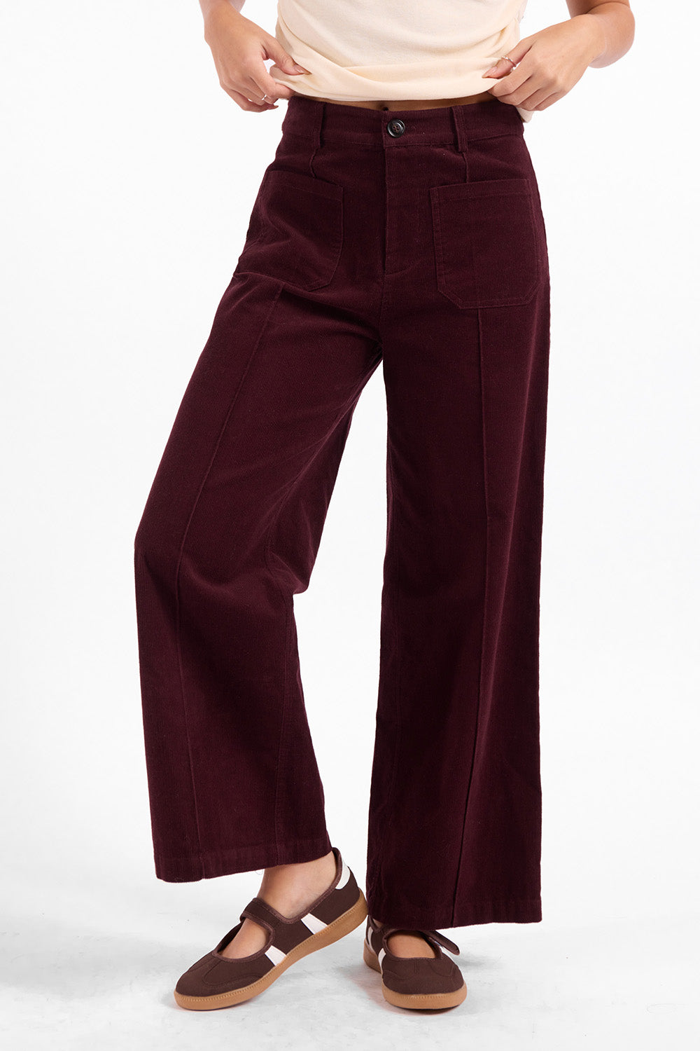 Sage the Label Secret Society Corduroy Pants in Wine — Waist detail view