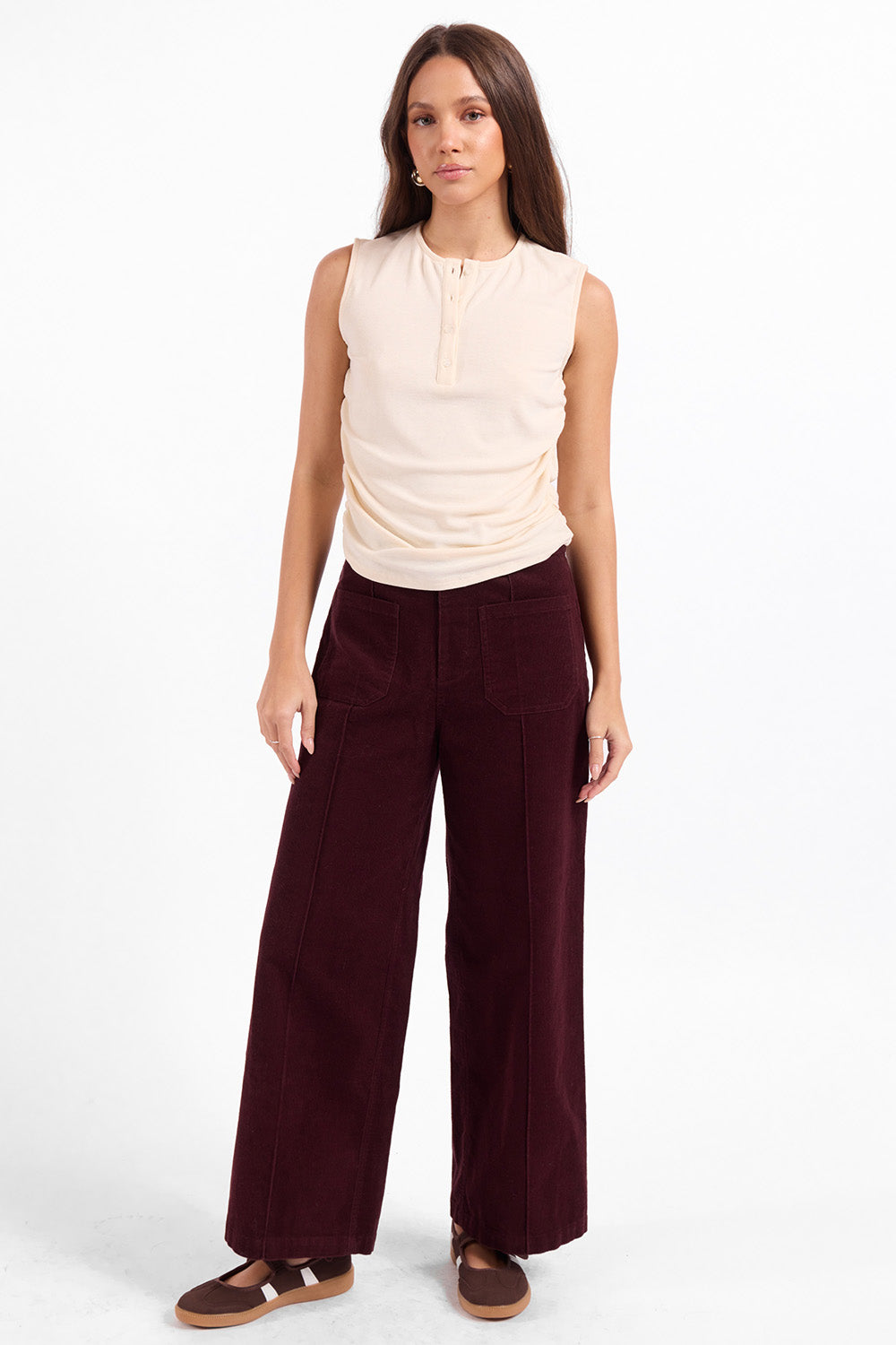 Sage the Label Secret Society Corduroy Pants in Wine — Full-body view