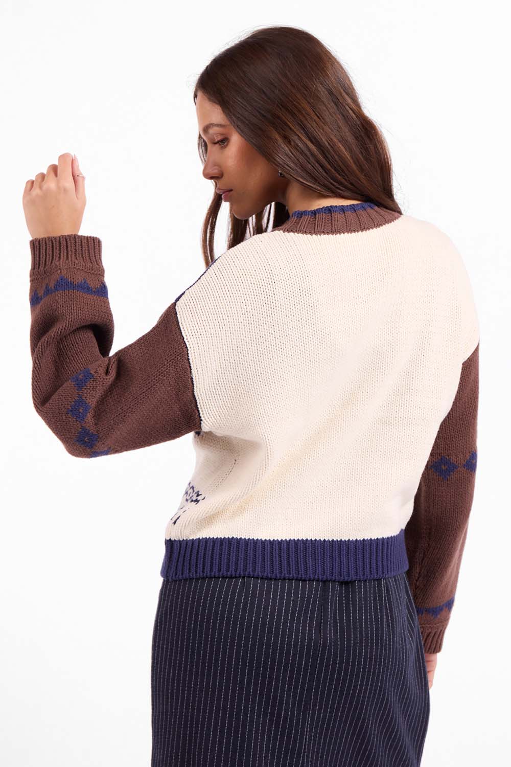 Sage the Label Sweet Rose Sweater Jacket in Navy Oak Multi — Back view