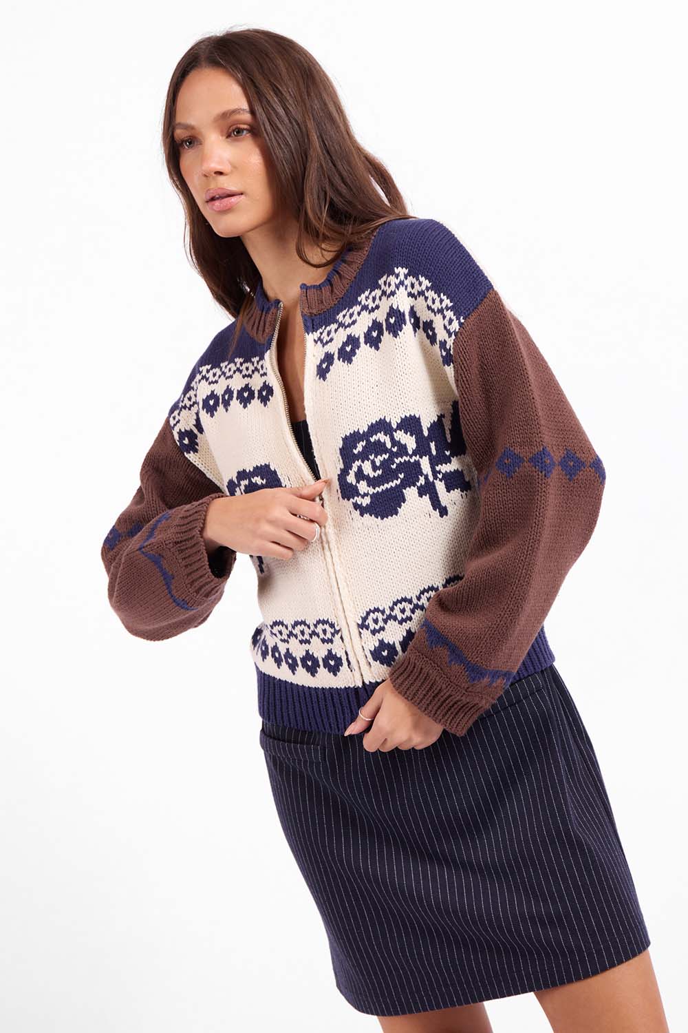 Sage the Label Sweet Rose Sweater Jacket in Navy Oak Multi — Front view, quarter angle